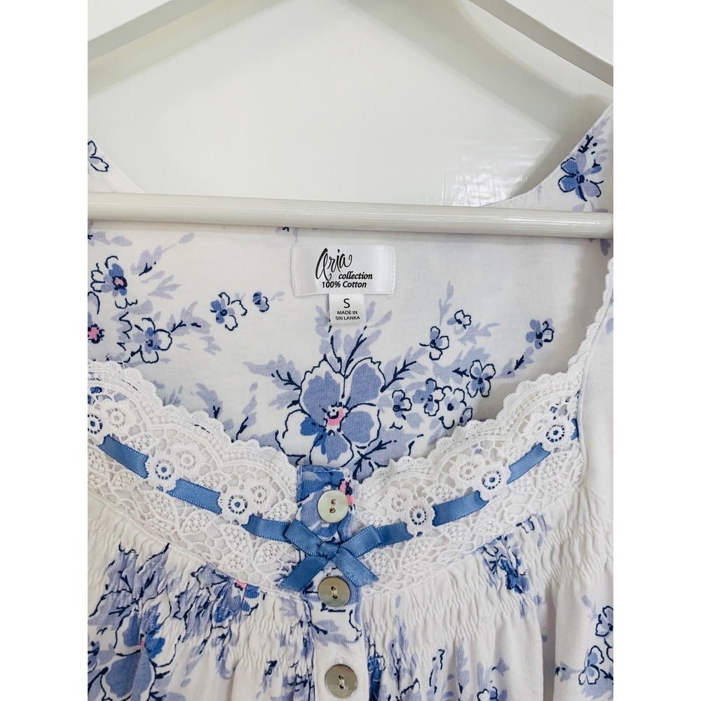 Aria Blue Floral 100% Cotton Jersey Chemise Nightgown S Sleeveless Pockets - Picture 3 of 16